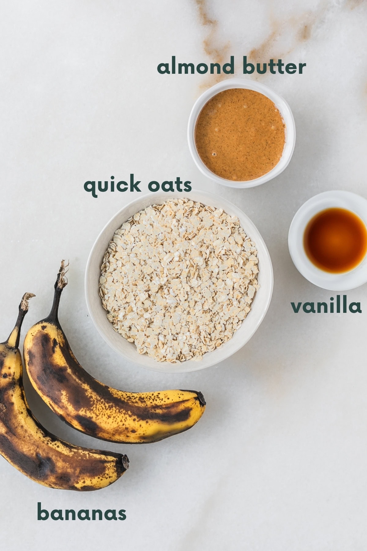 ingredients for banana almond butter oatmeal bars with text overlay.