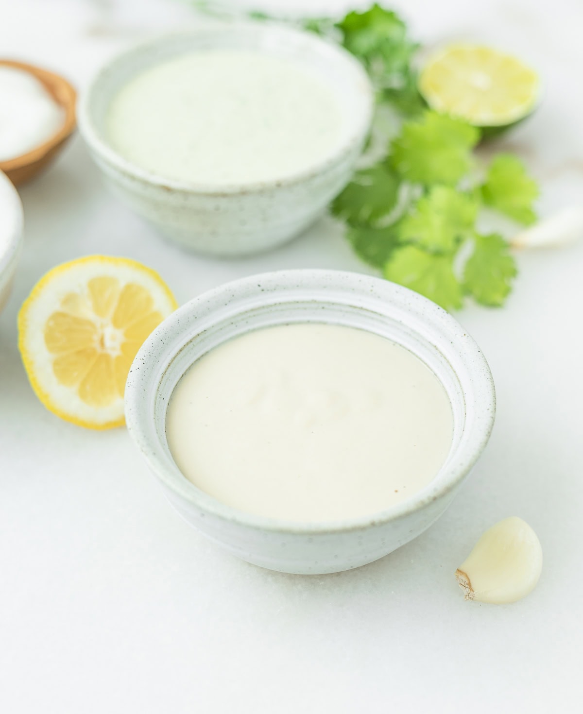lemon tahini sauce in a stoneware bowl with other sauces and ingredients in the background.