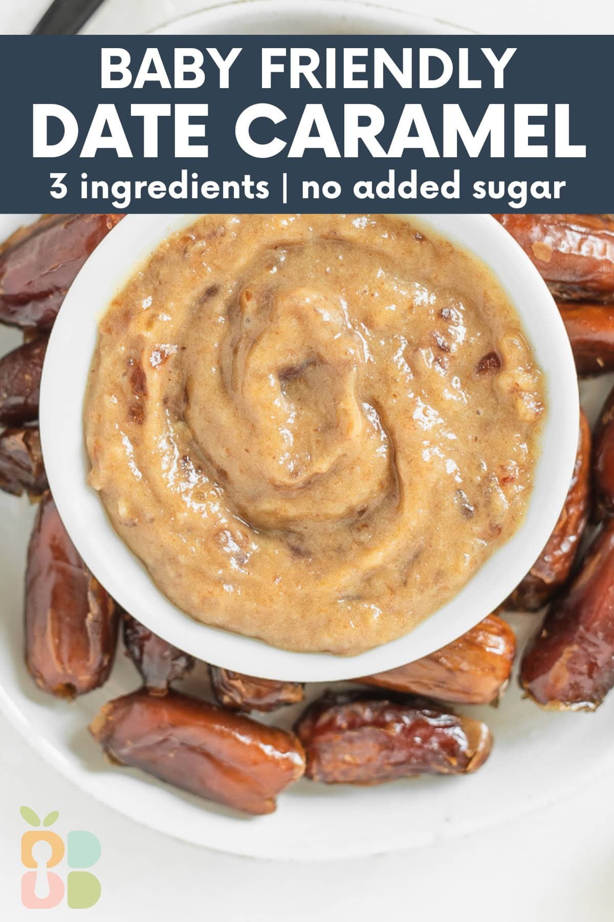 date caramel in a small bowl surrounded by dates with text overlay.