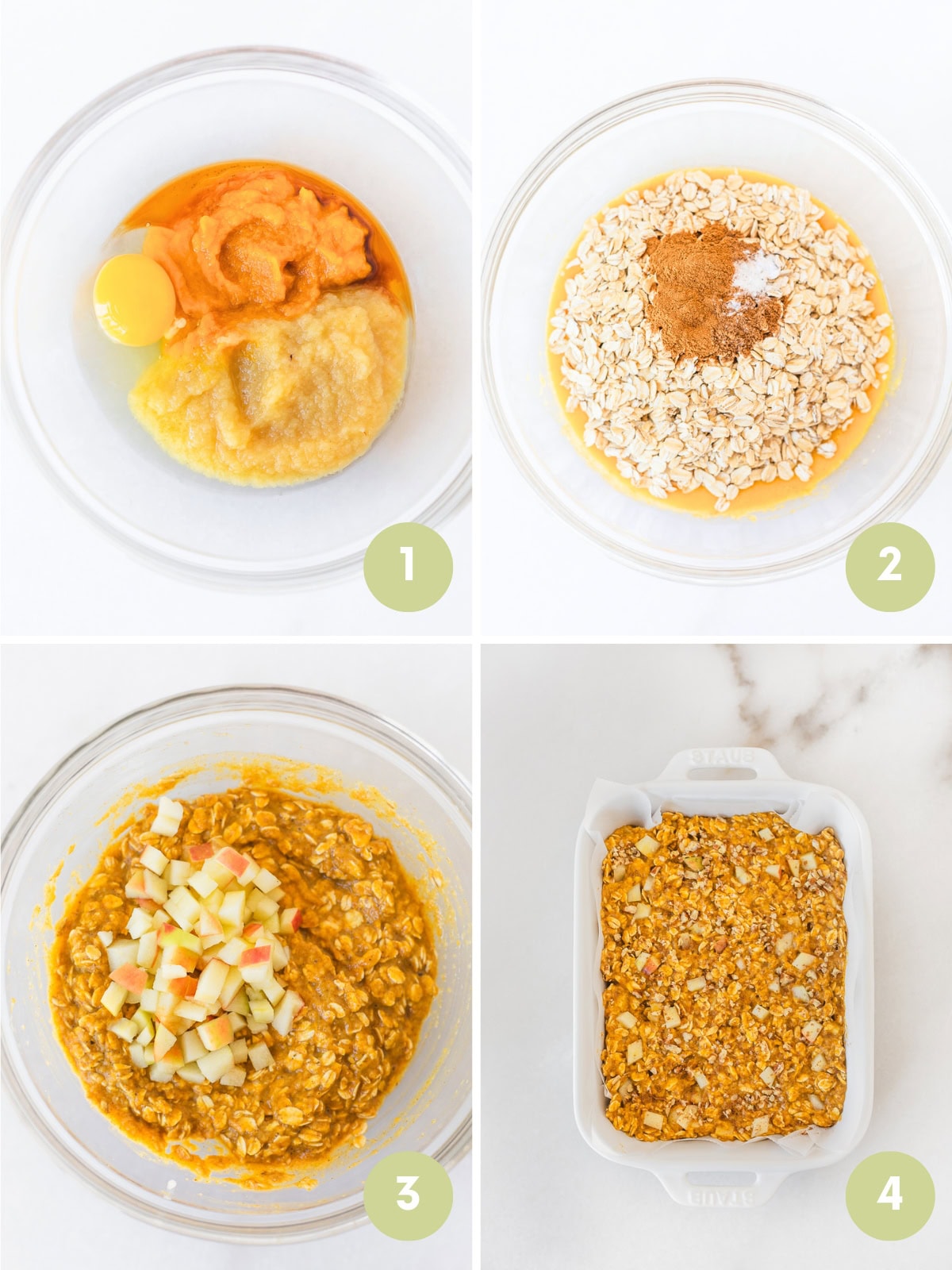 4 image collage showing steps for making apple pumpkin baked oatmeal.