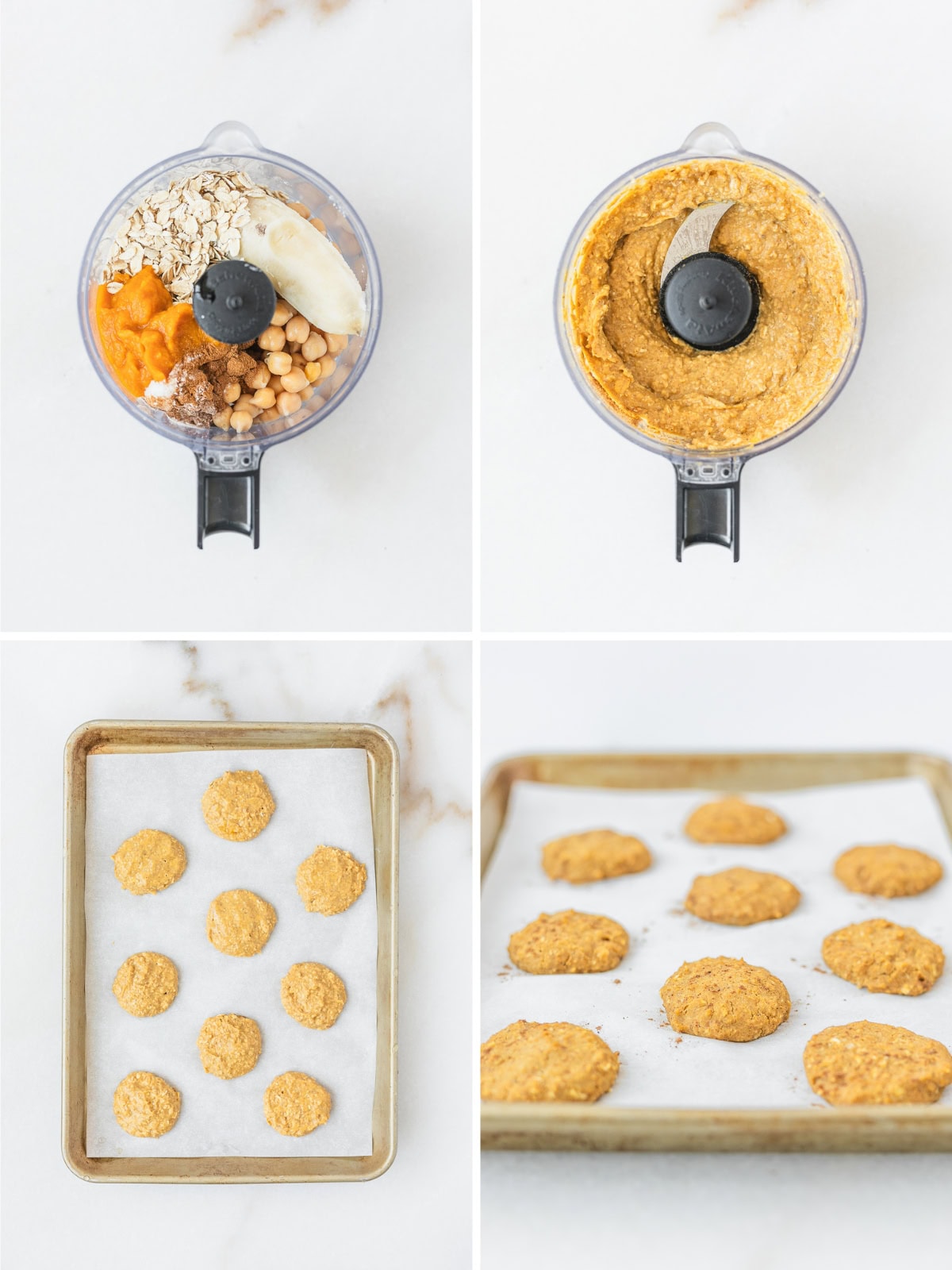 four image collage showing steps for making baby pumpkin cookies in a food processor.