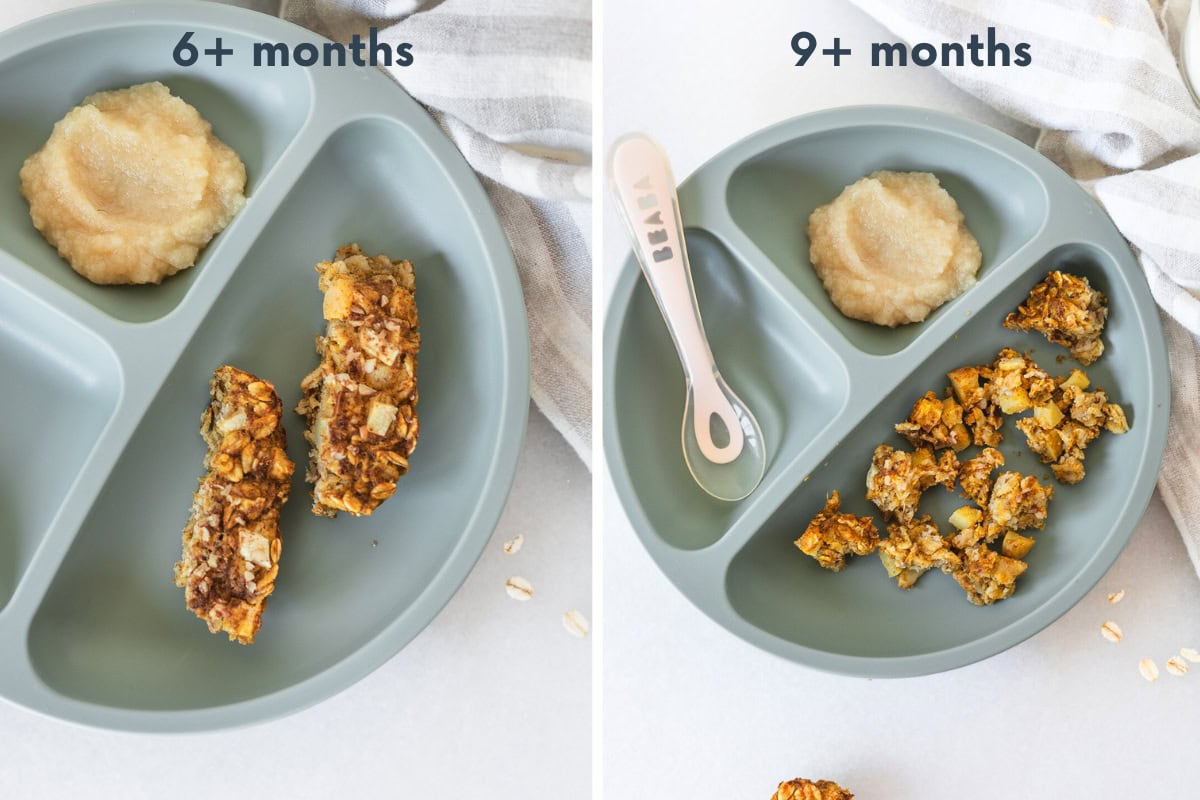 two image collage showing pumpkin apple baked oatmeal cut up for baby led weaning on a green baby plate.