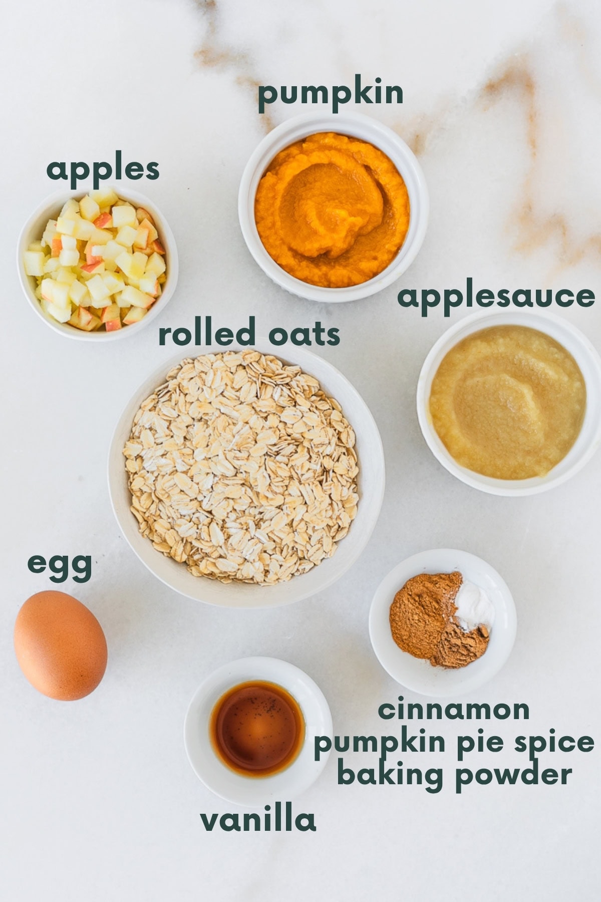 ingredients needed to make apple pumpkin baked oatmeal with text overlay.