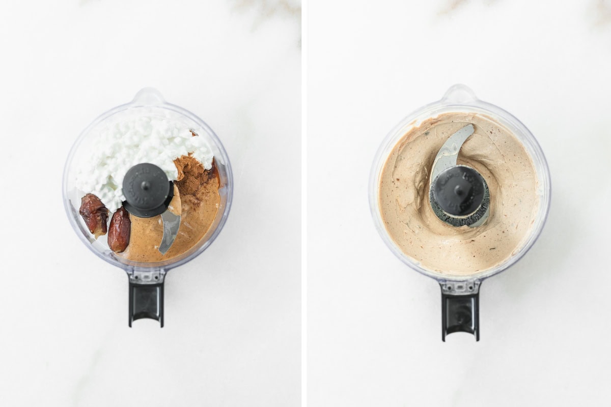 two image collage showing ingredients for peanut butter cottage cheese dip in a food processor and the blended dip in the food processor.