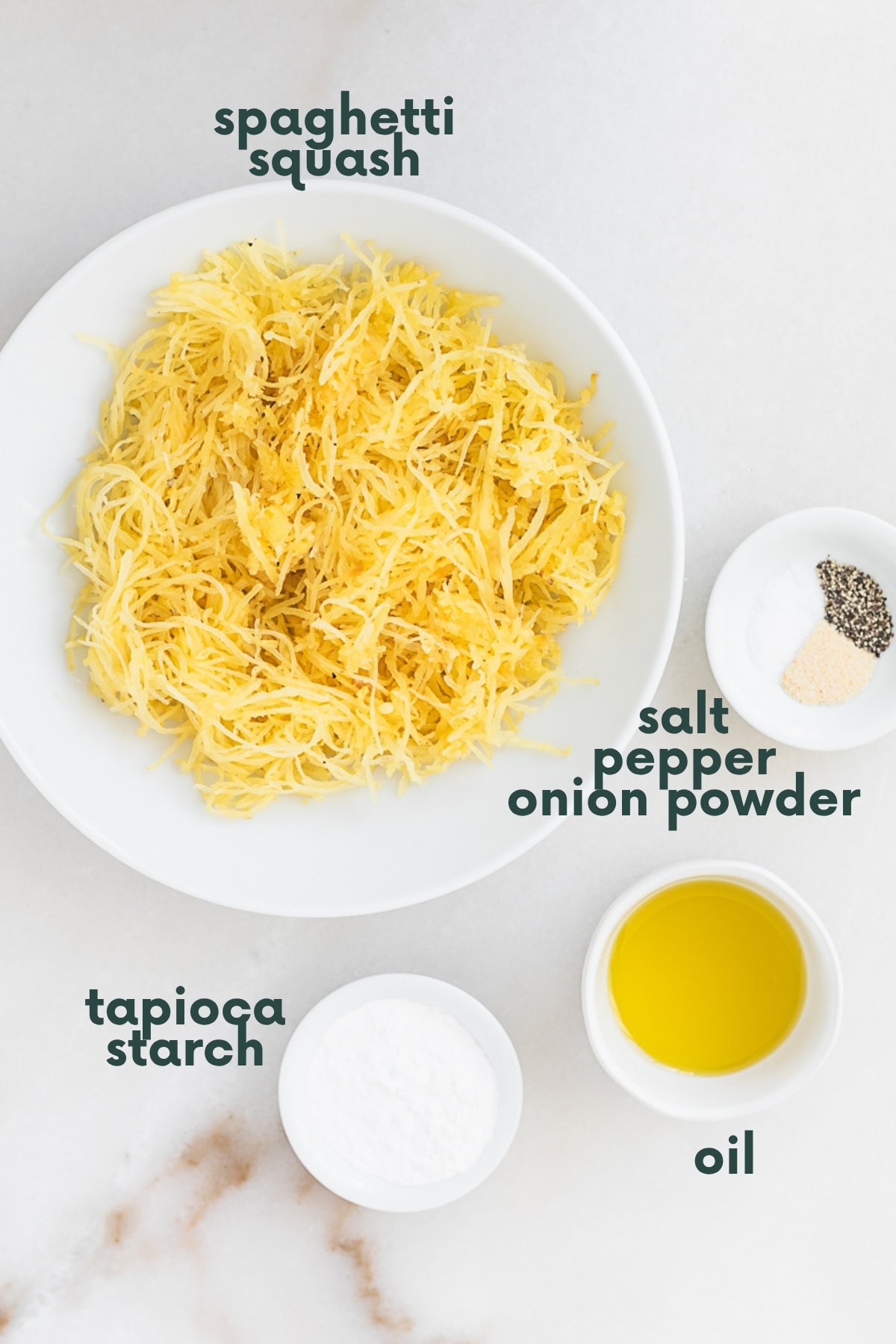 ingredients needed to make baby spaghetti squash fritters with text overlay.