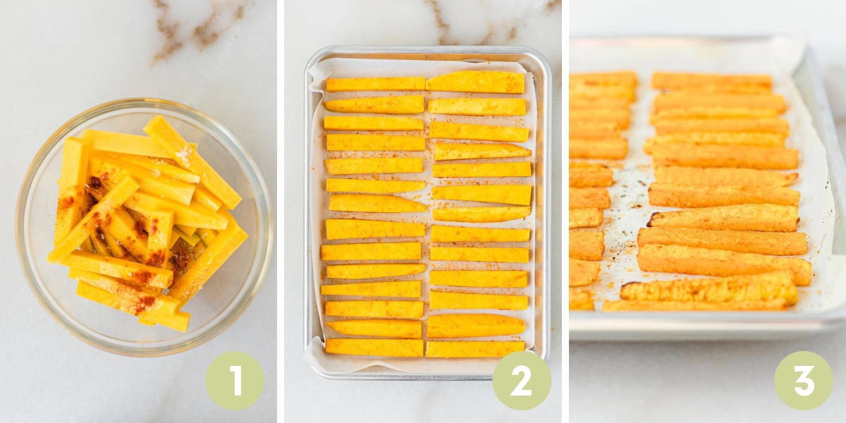 three image collage showing steps for making baked butternut squash fries.