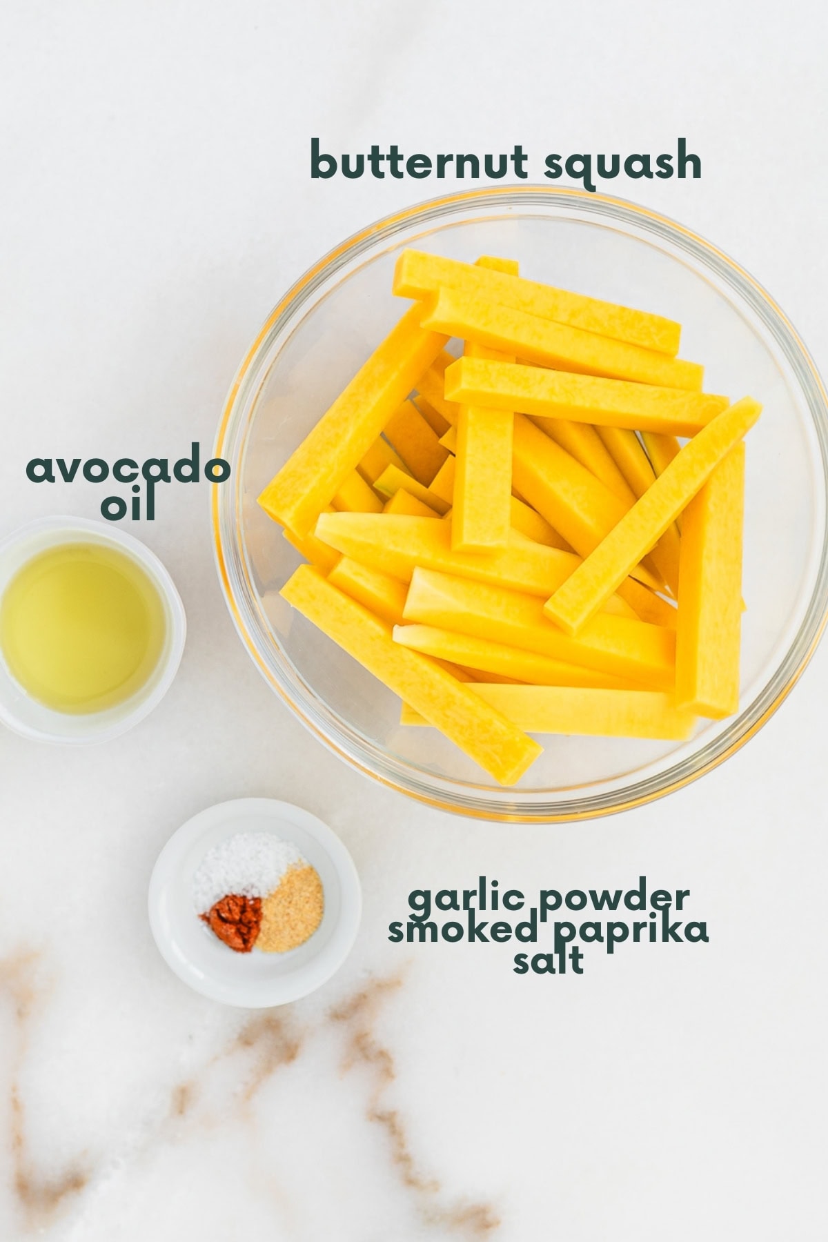 ingredients needed for butternut squash fries with text overlay.