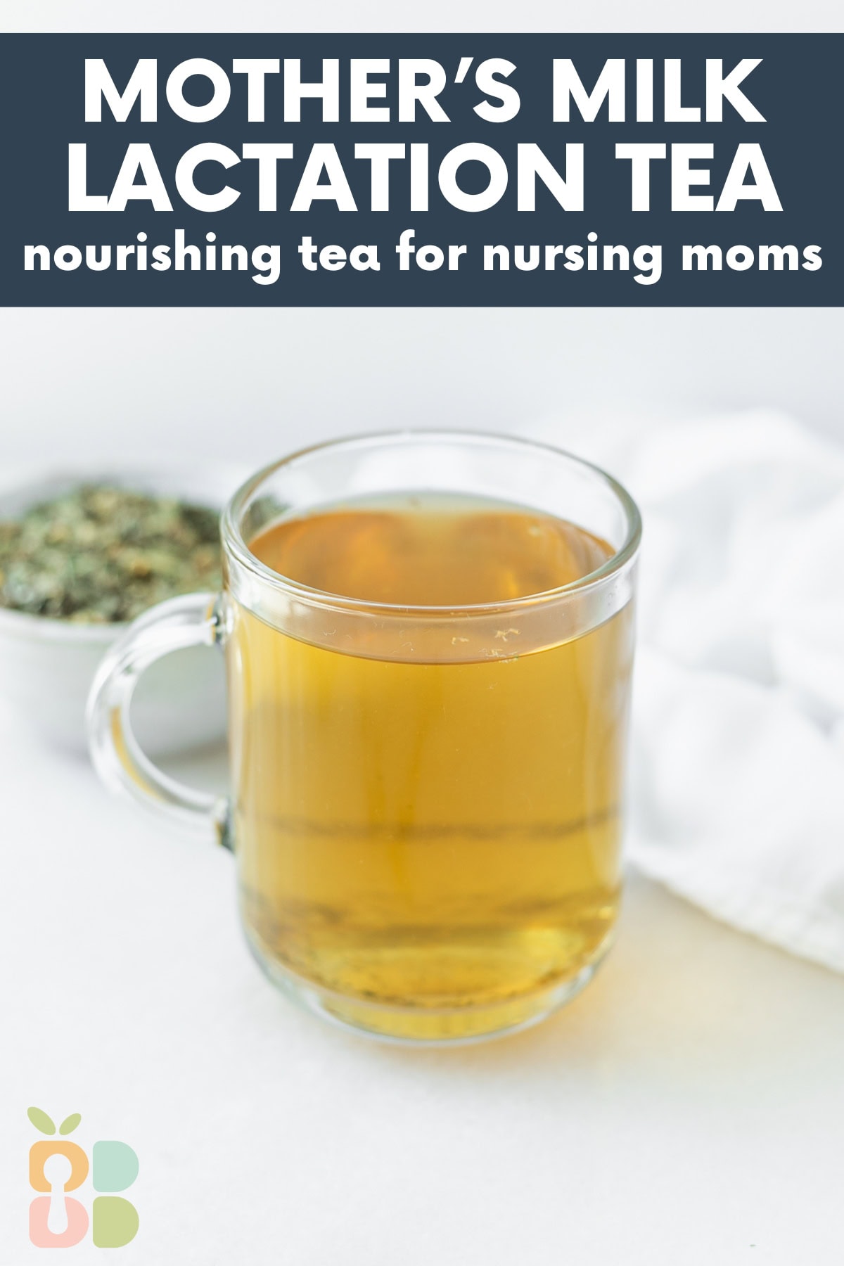 glass mug of lactation tea with text overlay.