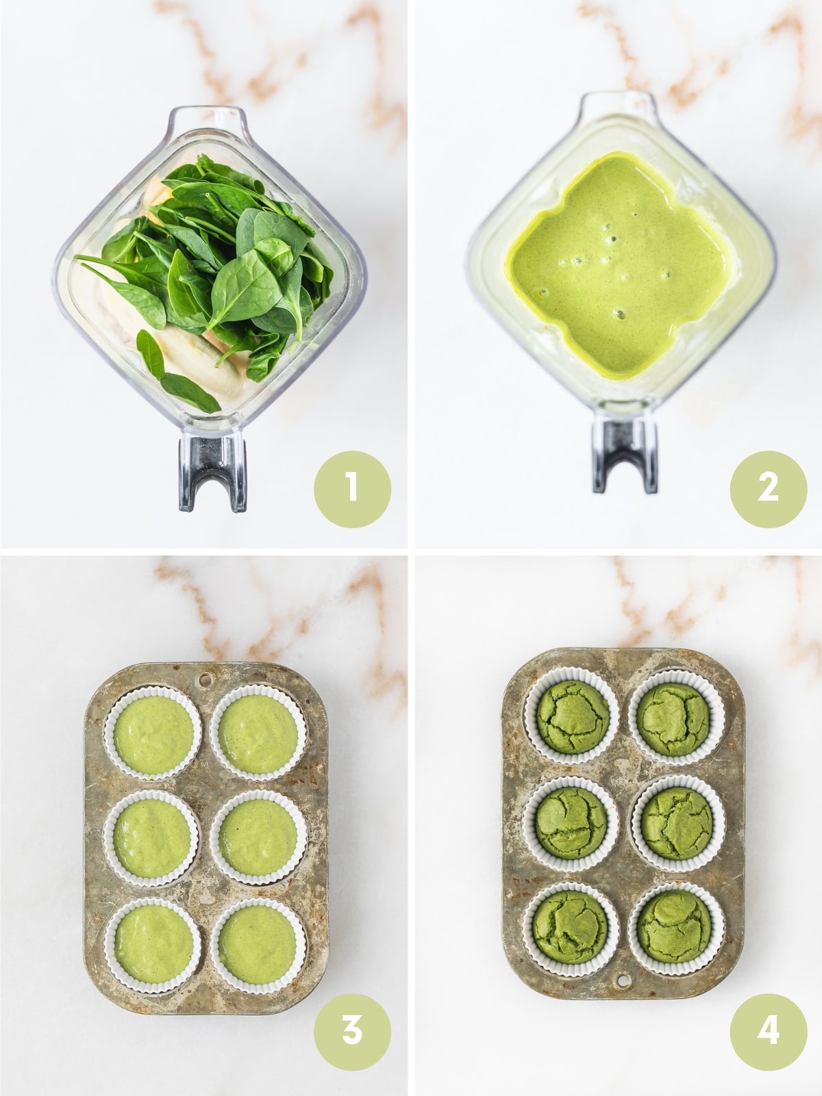 Four image collage showing steps for making baby gluten free green spinach muffins in the blender.