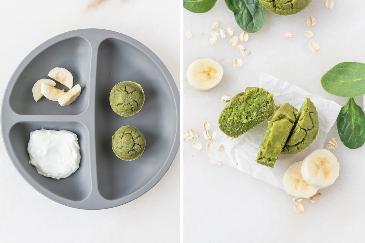 two image collage showing how to serve mini green muffins and full sized green spinach muffins to babies.