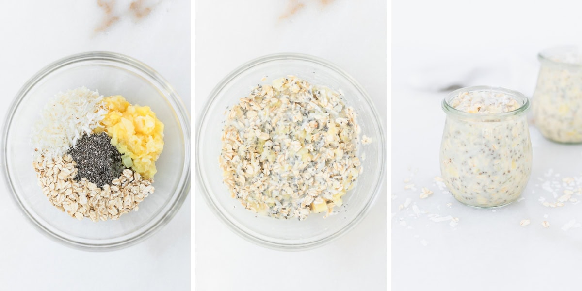 three image collage showing steps for making pineapple coconut overnight oats.