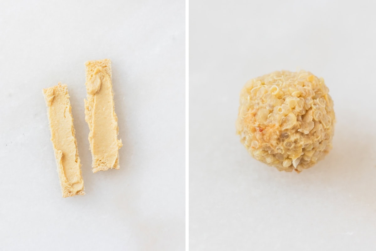 hummus spread on toast fingers and a hummus quinoa ball.