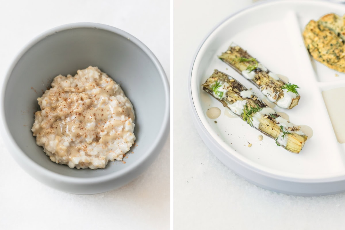 tahini drizzled on oatmeal in a baby bowl and tahini sauce drizzled on roasted eggplant.
