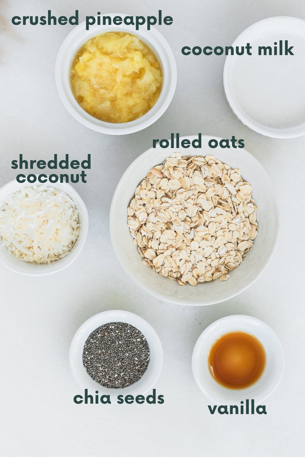 ingredients needed to make pineapple coconut overnight oats for baby with text overlay.
