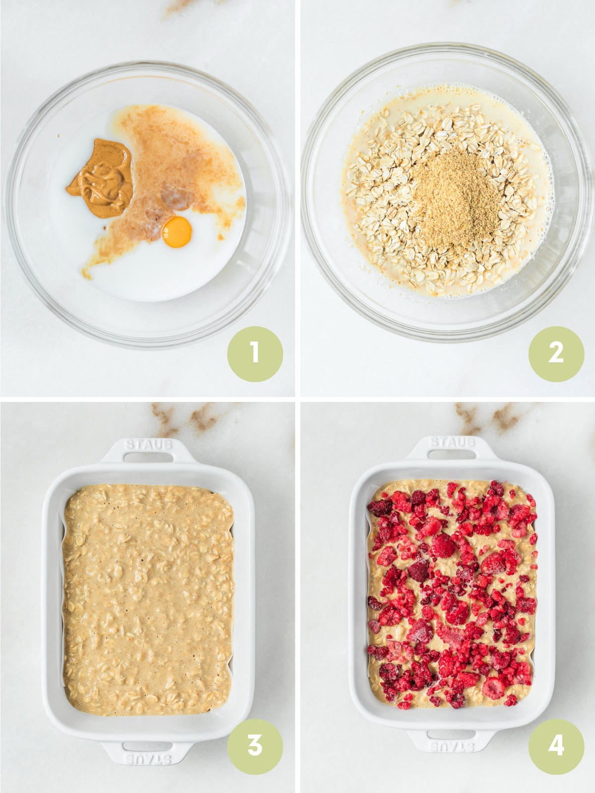 four image collage showing steps for making baby PBJ baked oatmeal bars.
