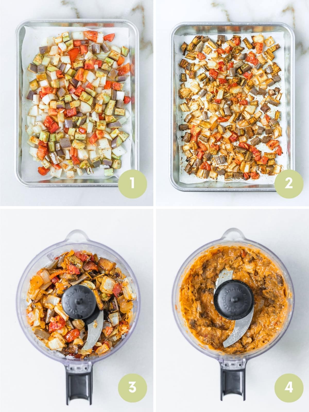 four image collage showing steps for making roasted tomato eggplant dip for baby led weaning.