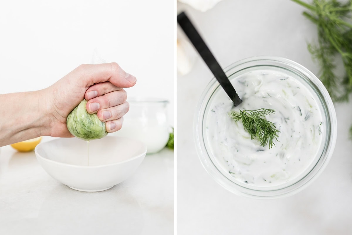 two image collage showing water being squeezed from grated cucumber, and tzatziki sauce being stirred.
