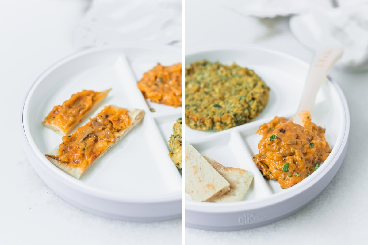 two image collage showing ways to serve tomato eggplant dip for baby led weaning.