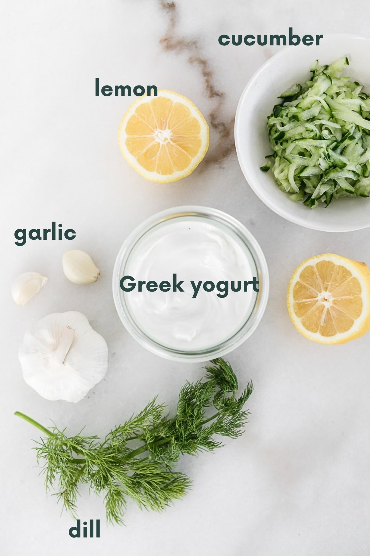overhead view of ingredients needed to make tzatziki sauce with text overlay.