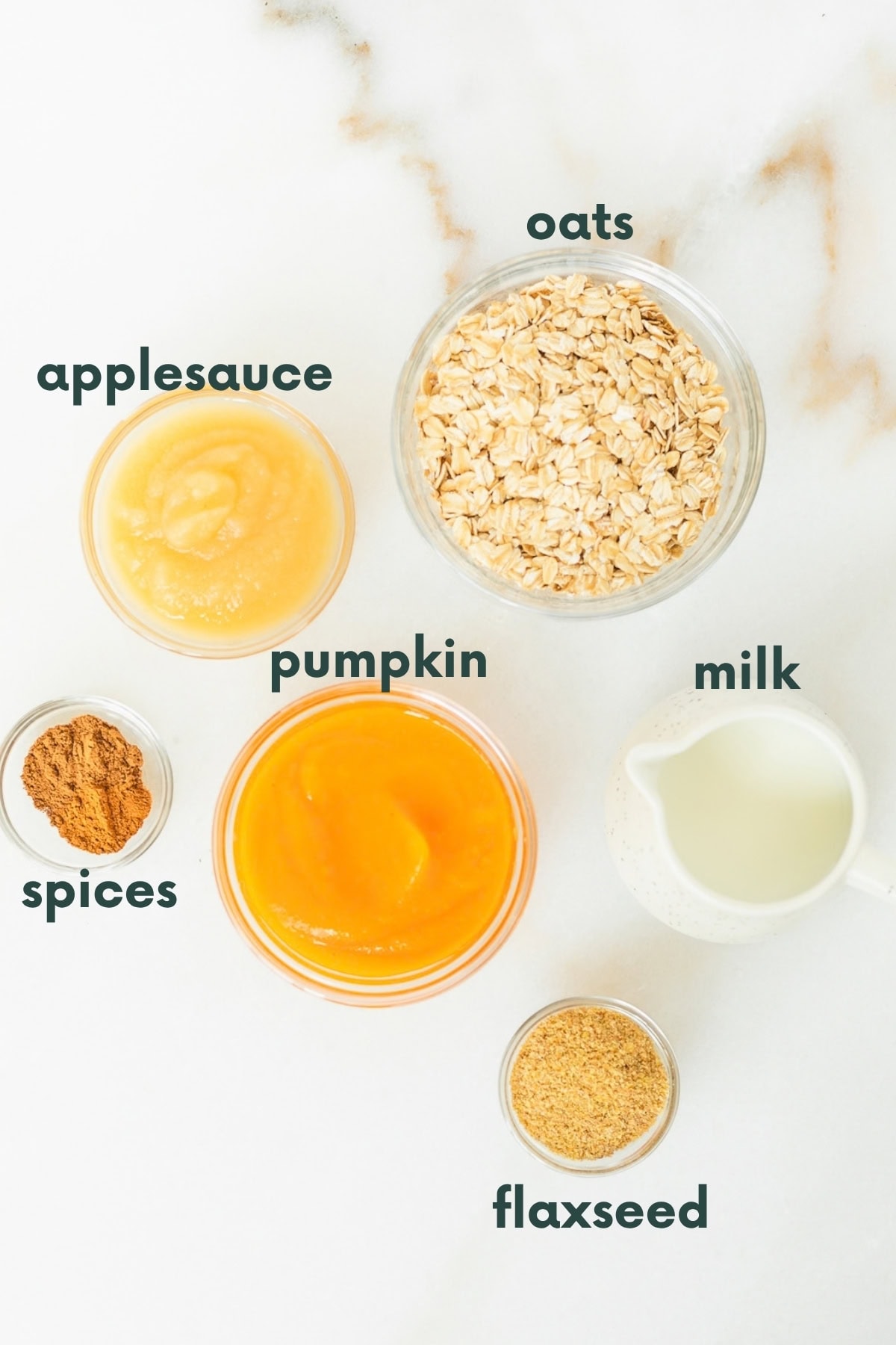 overhead view of ingredients needed to make baby pumpkin overnight oats with text overlay.